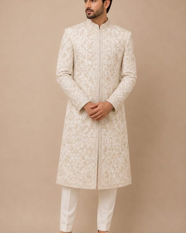 Off White Floral Embroidered Sherwani