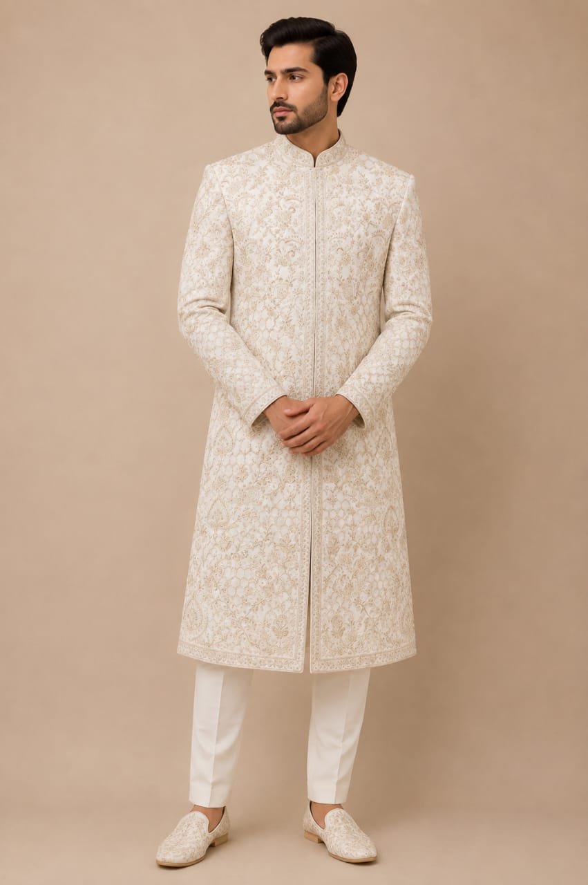 Off White Floral Embroidered Sherwani