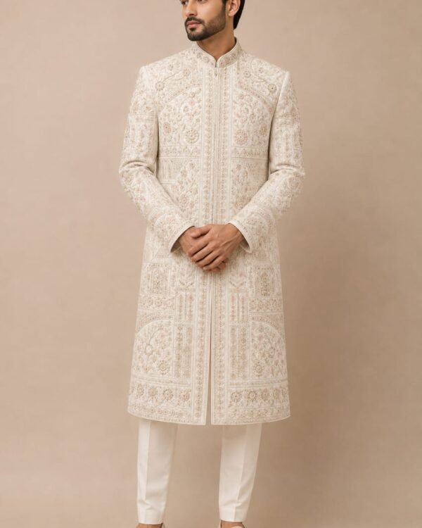 Off White Embroidered Sherwani