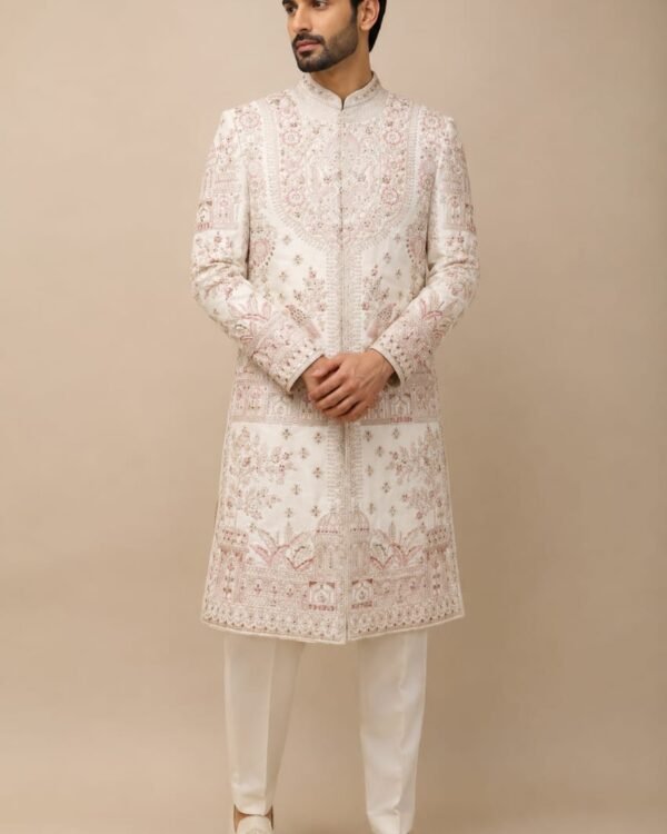 Off White & Blush Floral Embroidered Sherwani