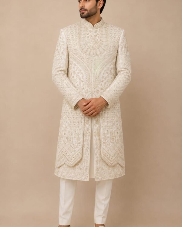 Off White Embroidered Sherwani