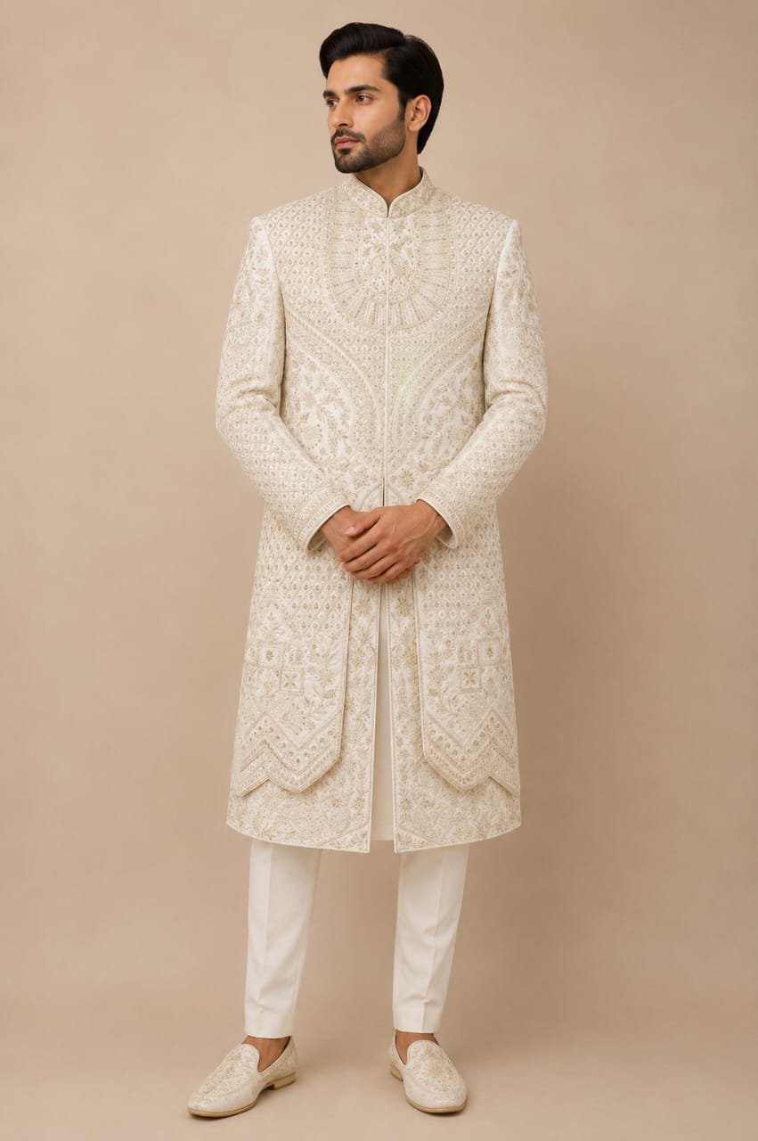 Off White Embroidered Sherwani