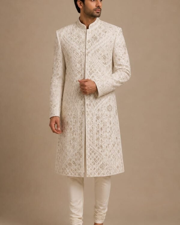 Off White Heritage Embroidered Sherwani
