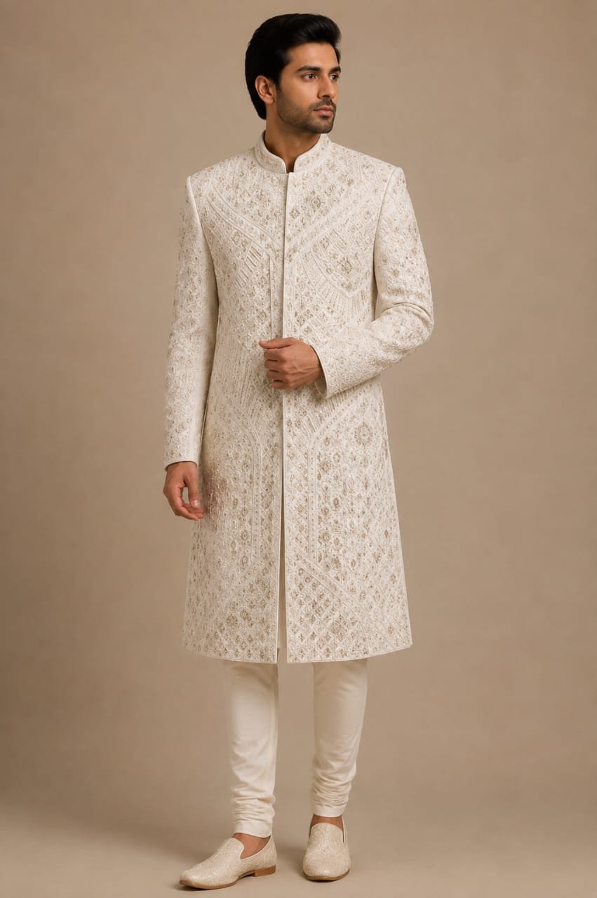 Off White Heritage Embroidered Sherwani