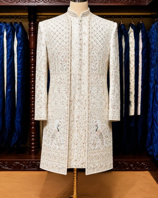 Off White Royal Peacock Embroidered Sherwani