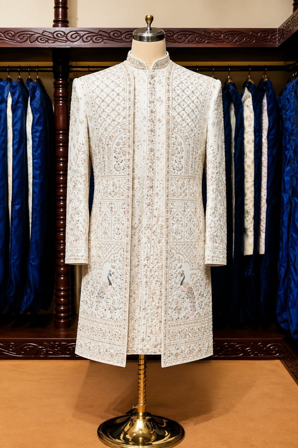 Off White Royal Peacock Embroidered Sherwani