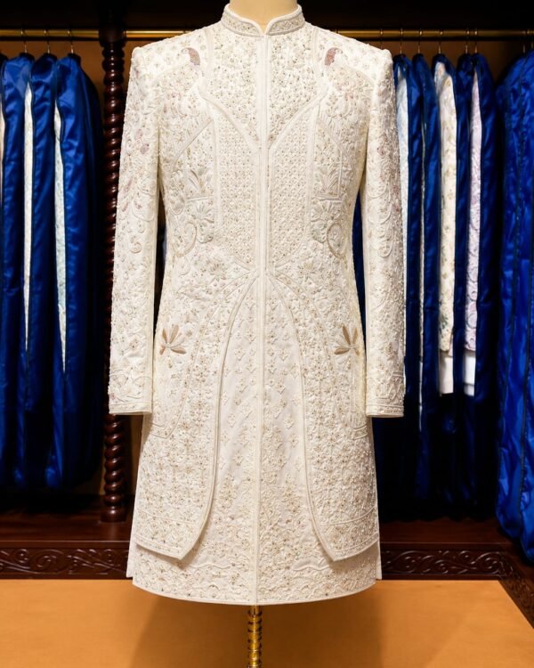 Off White Regal Floral Embroidered Sherwani