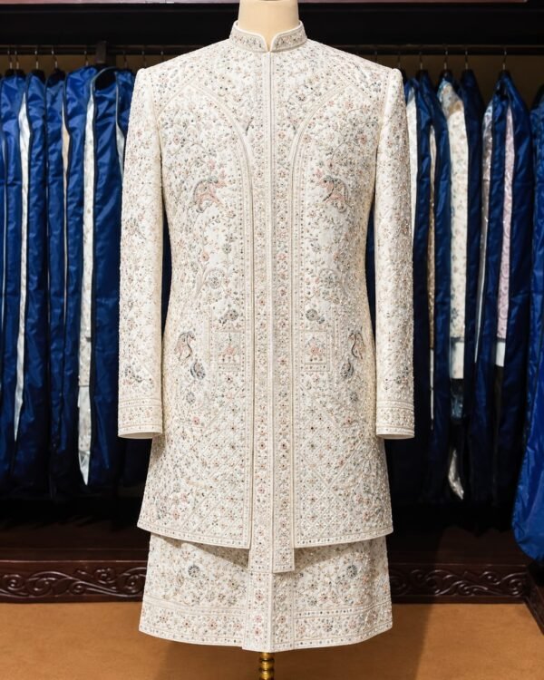 Off White Floral Peacock Embroidered Sherwani