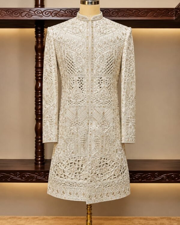 Off White Architectural Embroidered Sherwani