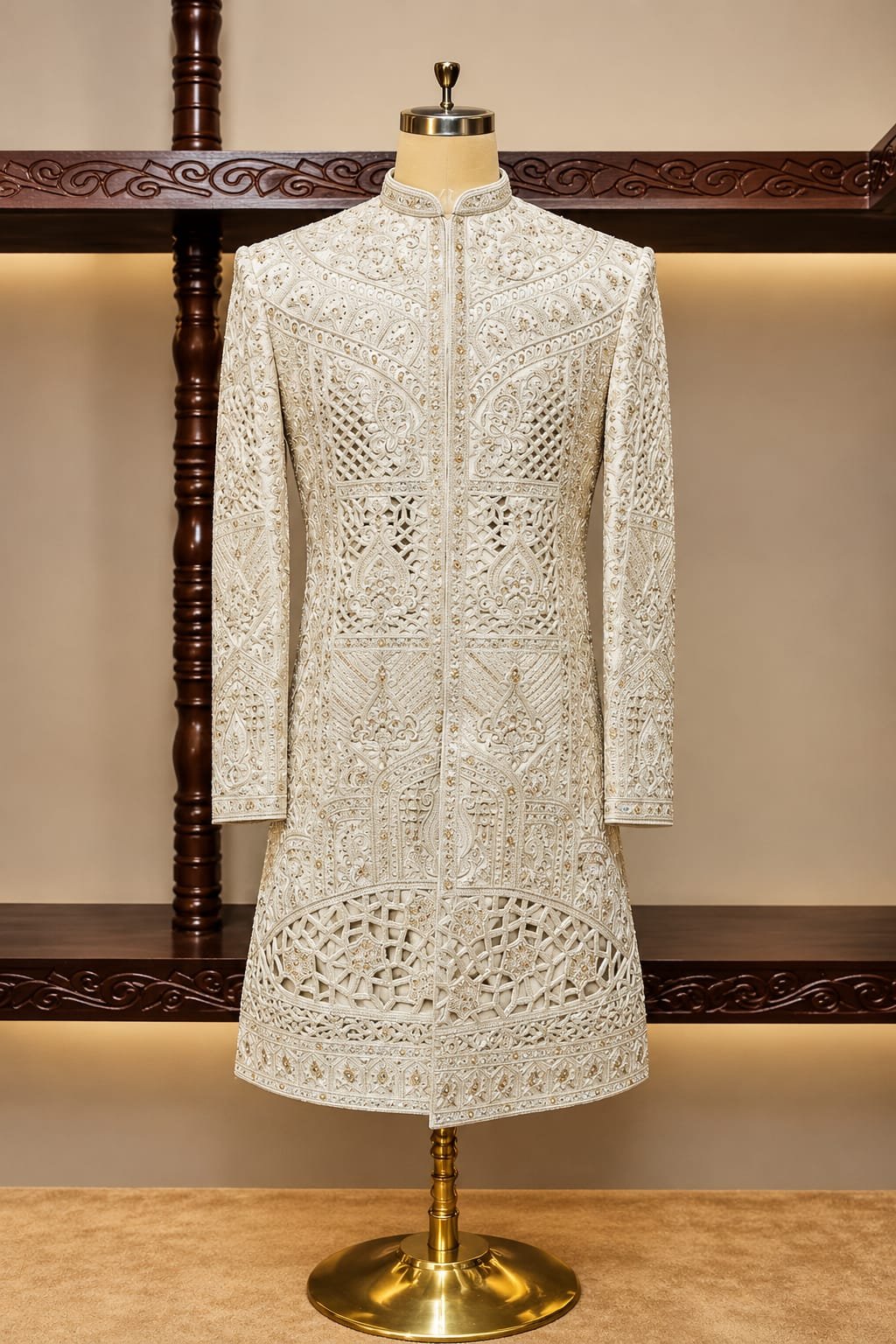 Off White Architectural Embroidered Sherwani