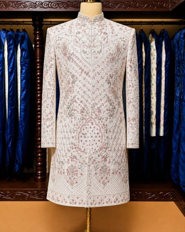 Off White Floral Embroidered Sherwani