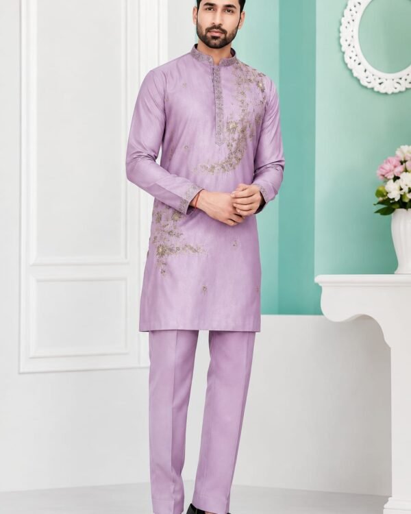 Lavender Floral Embroidered Kurta Set