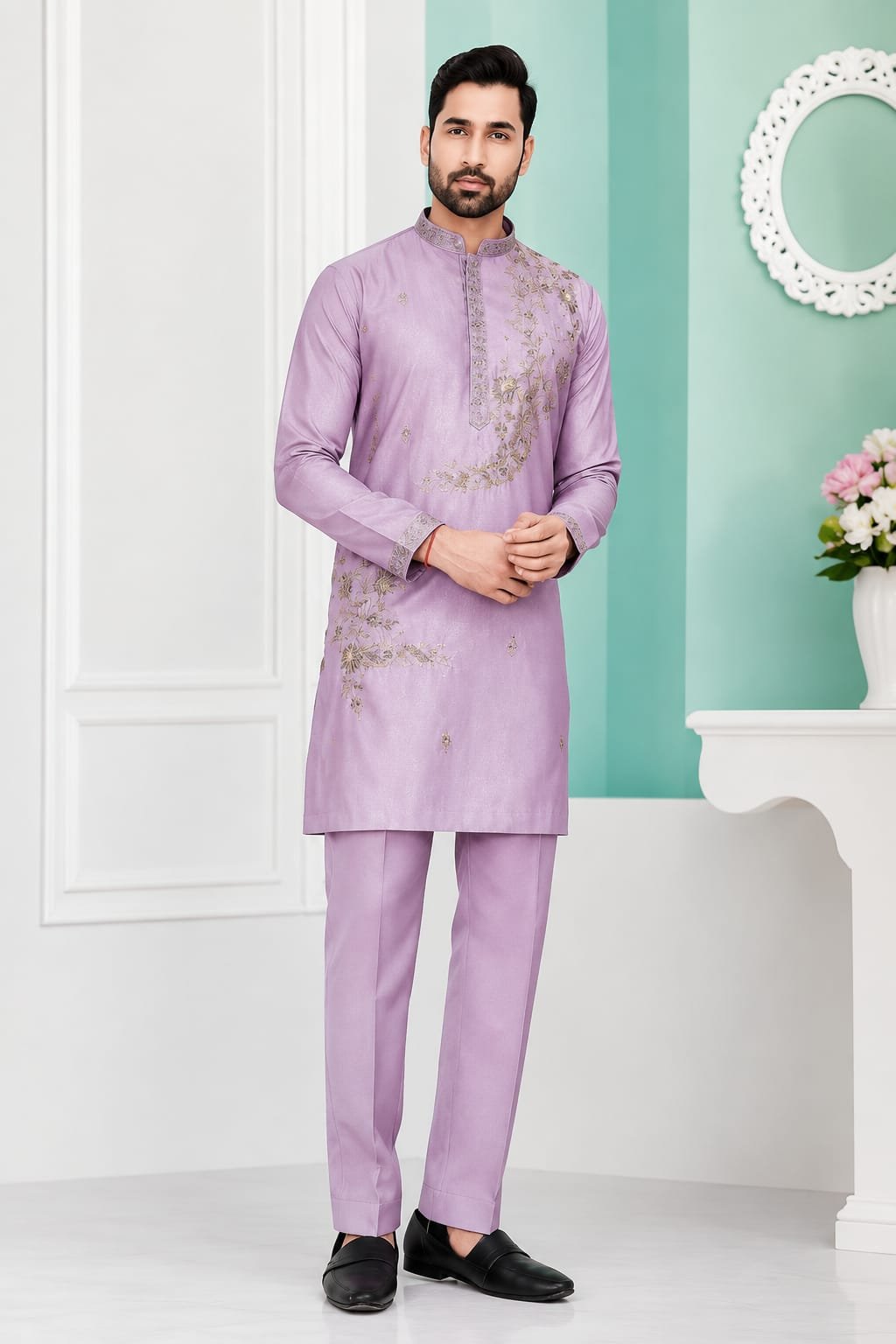 Lavender Floral Embroidered Kurta Set
