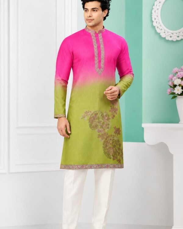 Pink & Olive Green Ombre Embroidered Kurta Set
