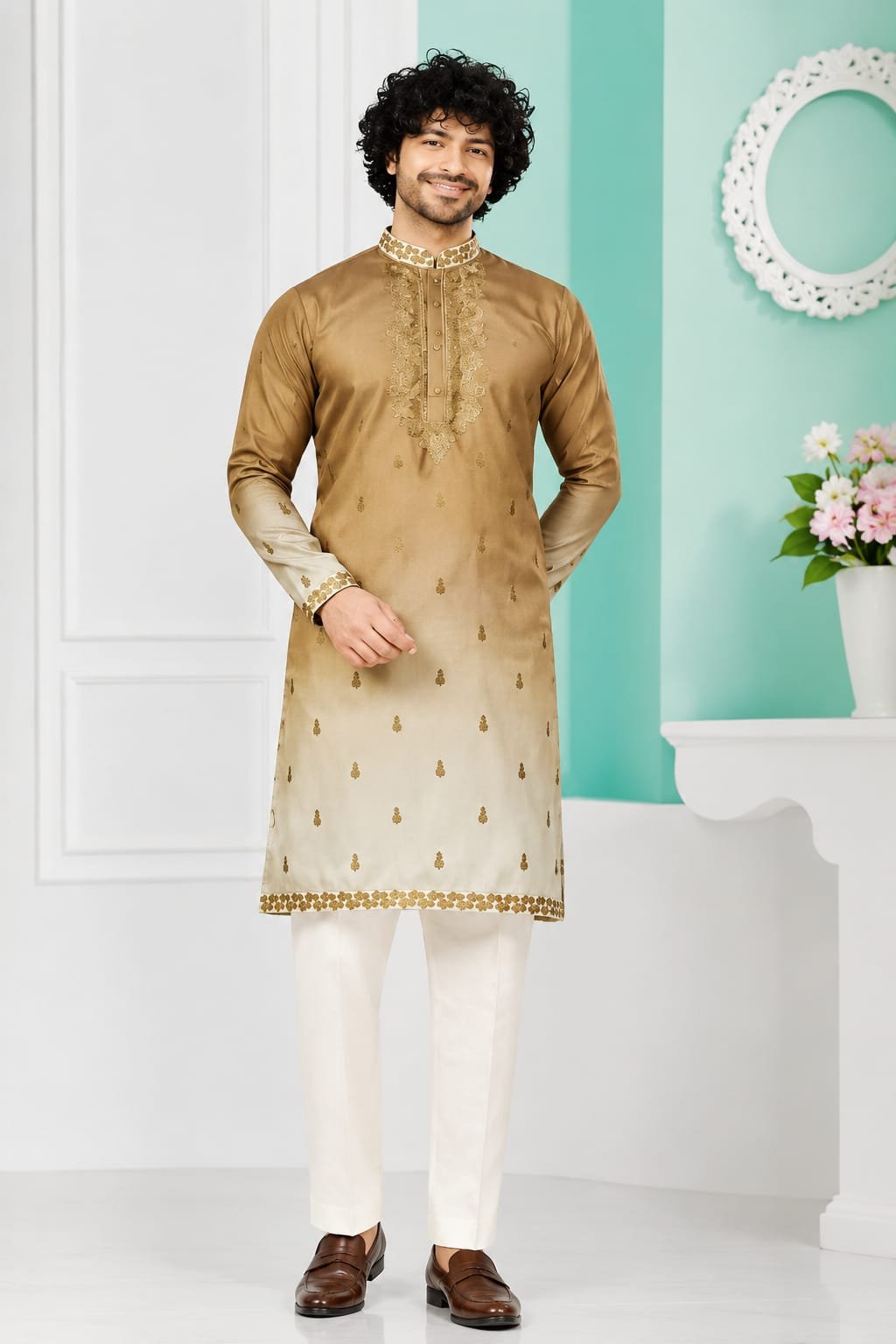Golden Beige Embroidered Kurta