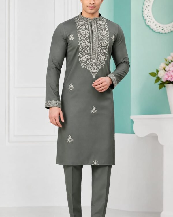 Charcoal Grey Embroidered Kurta Set