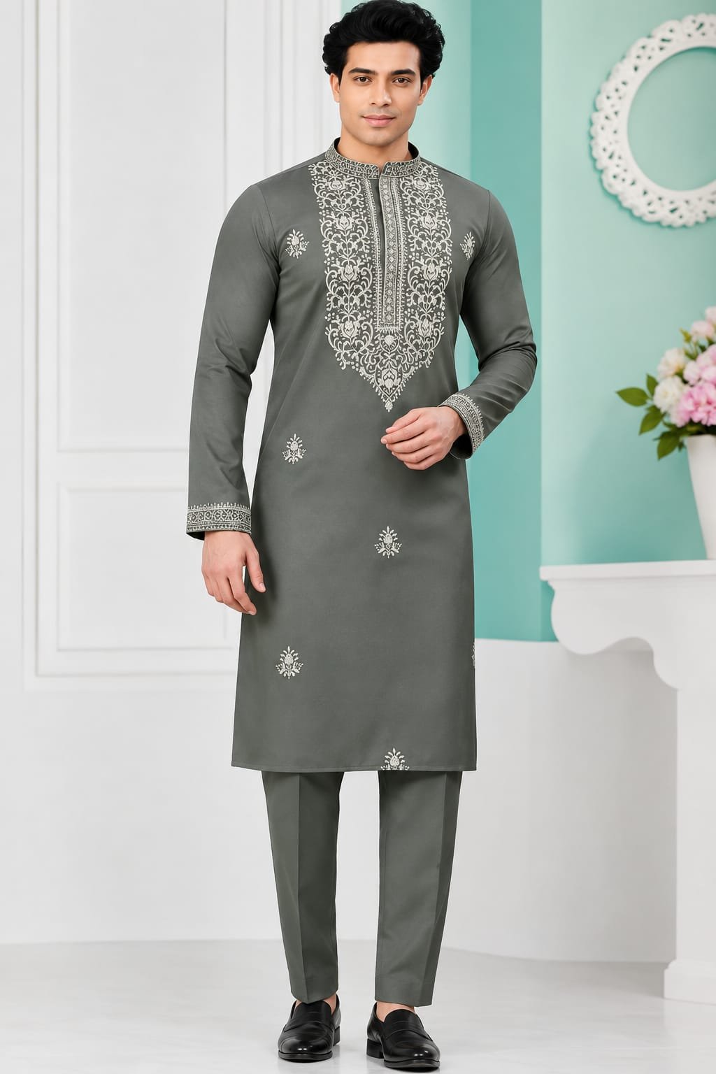 Charcoal Grey Embroidered Kurta Set