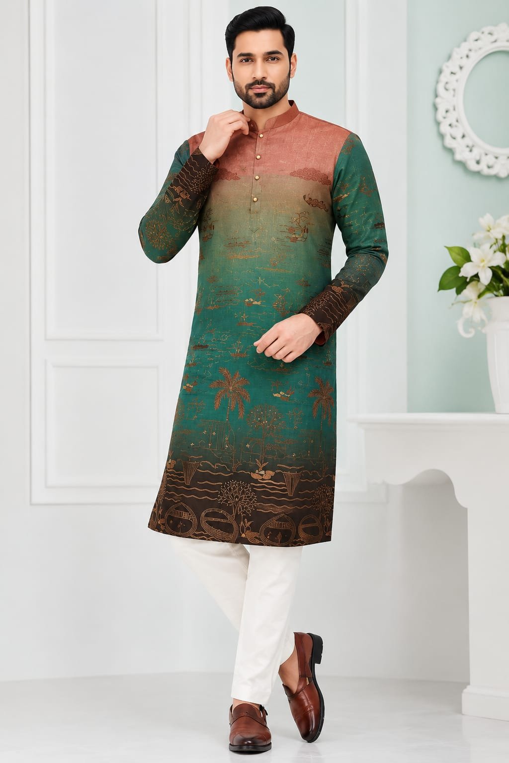 Emerald Green & Rose Gold Printed Kurta