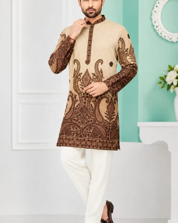 Beige & Brown Paisley Printed Kurta