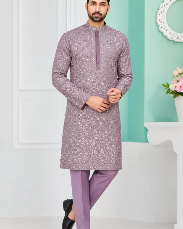 Lavender Mauve Floral Jacquard Kurta Set