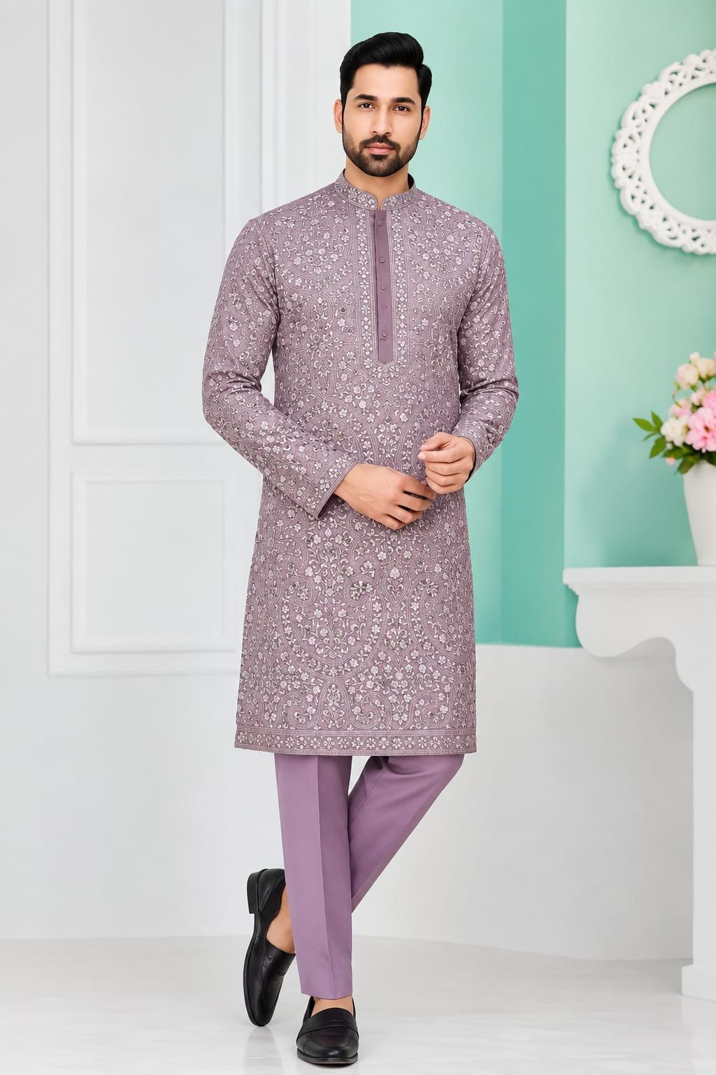 Lavender Mauve Floral Jacquard Kurta Set