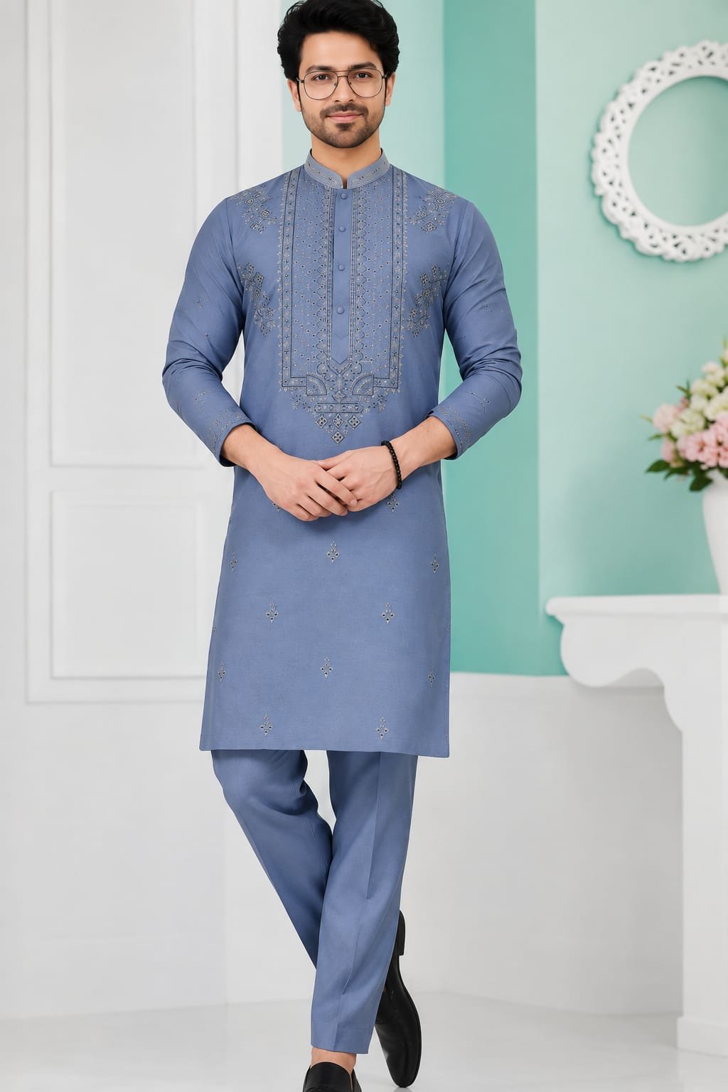 Dusty Blue Embroidered Kurta Set