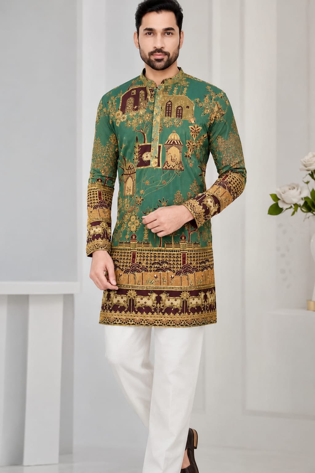 Emerald Green Heritage Printed Kurta