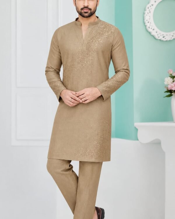Beige Linen-Texture Embroidered Kurta Set