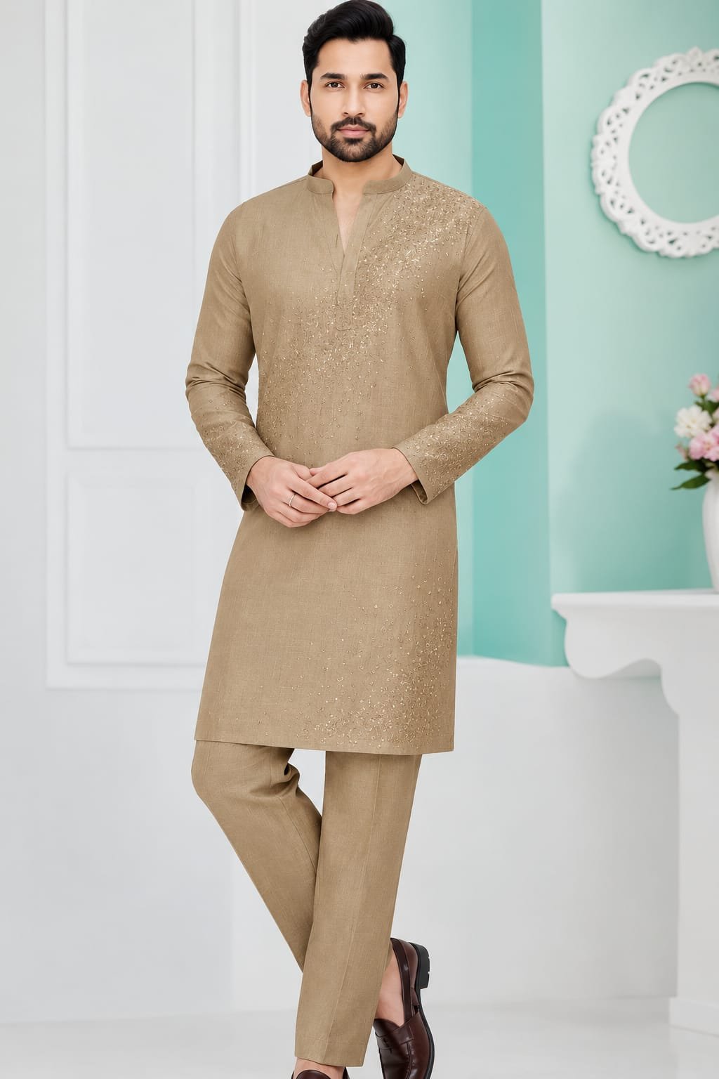 Beige Linen-Texture Embroidered Kurta Set