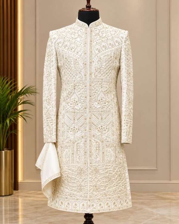 Off White Embroidered Sherwani
