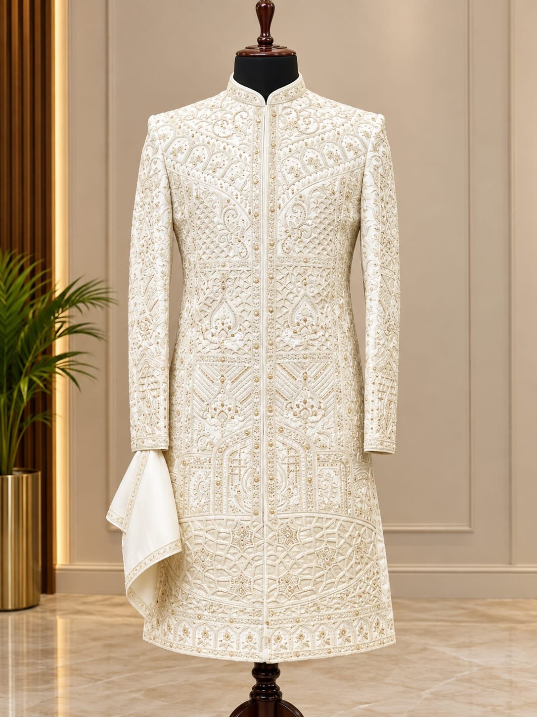Off White Embroidered Sherwani
