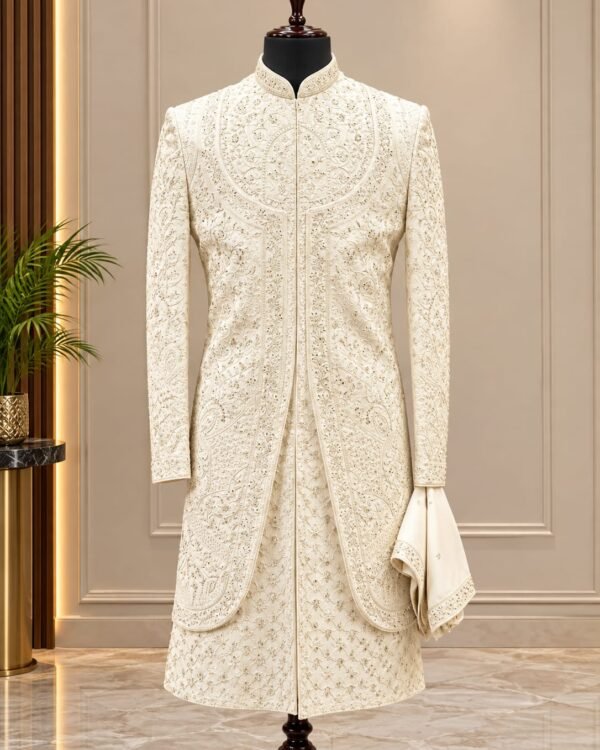 Off White Floral Embroidered Sherwani