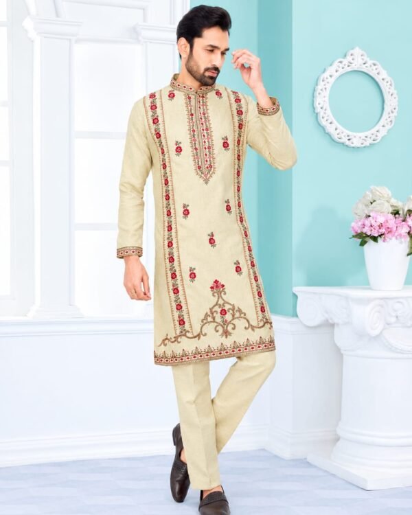 Beige Floral Embroidered Kurta Pajama