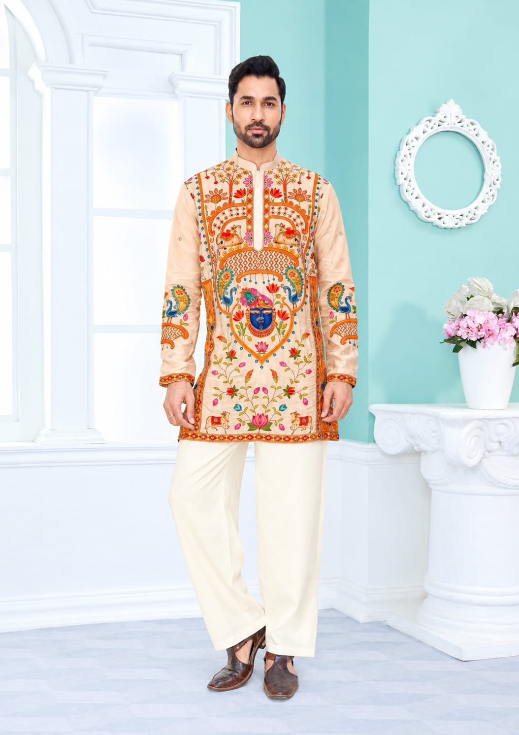 Peach Handcrafted Printed Kurta Pajama