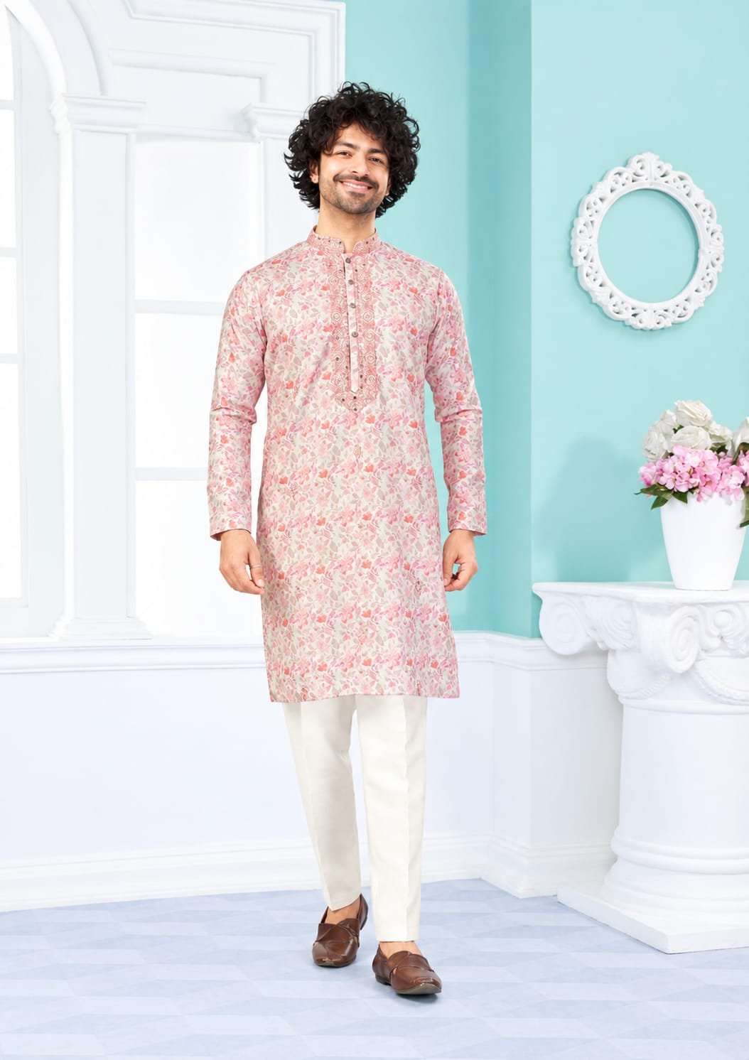 Blush Pink Floral Printed Kurta Pajama Set