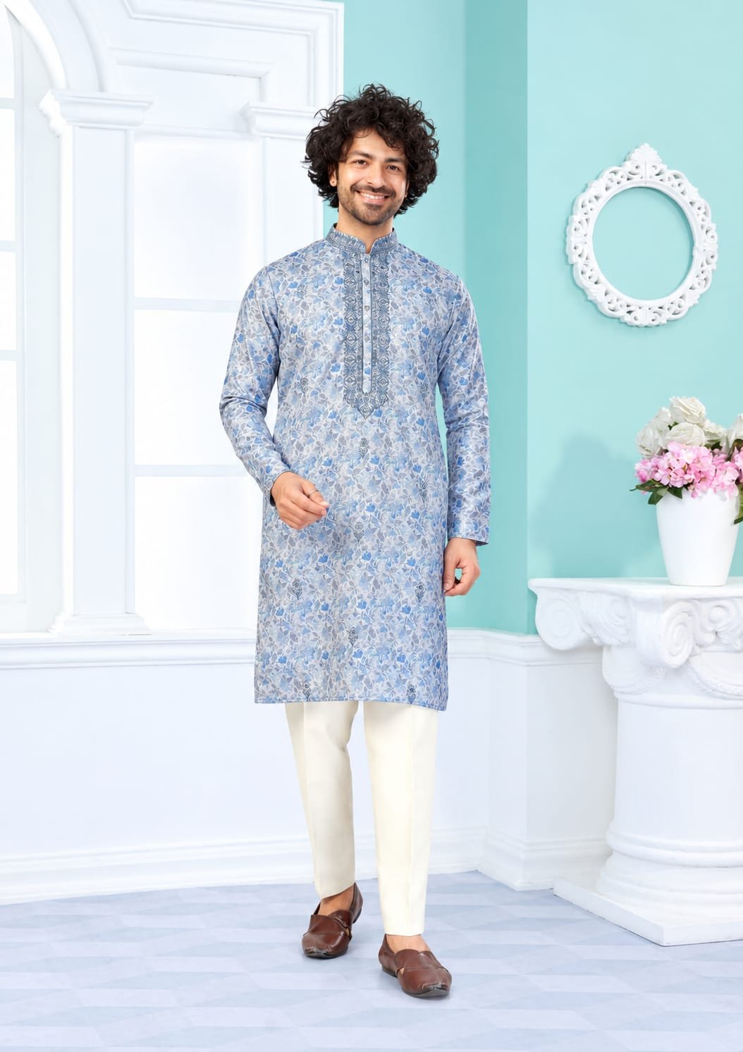 Sky Blue Floral Printed Kurta Pajama Set