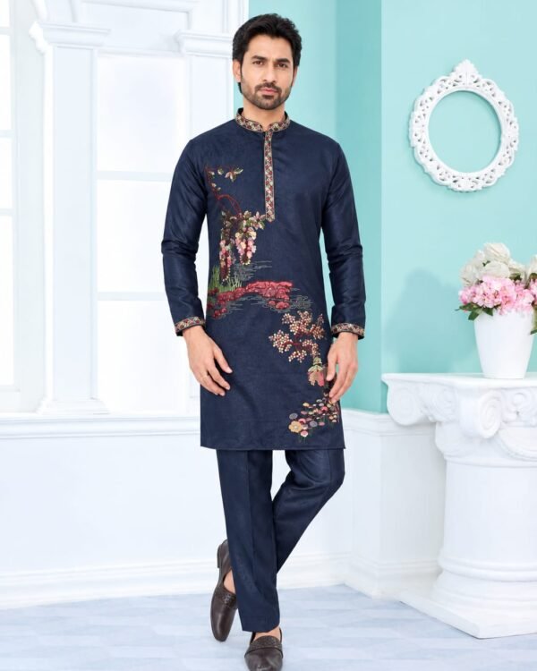 Midnight Navy Floral Embroidered Kurta Pajama Set