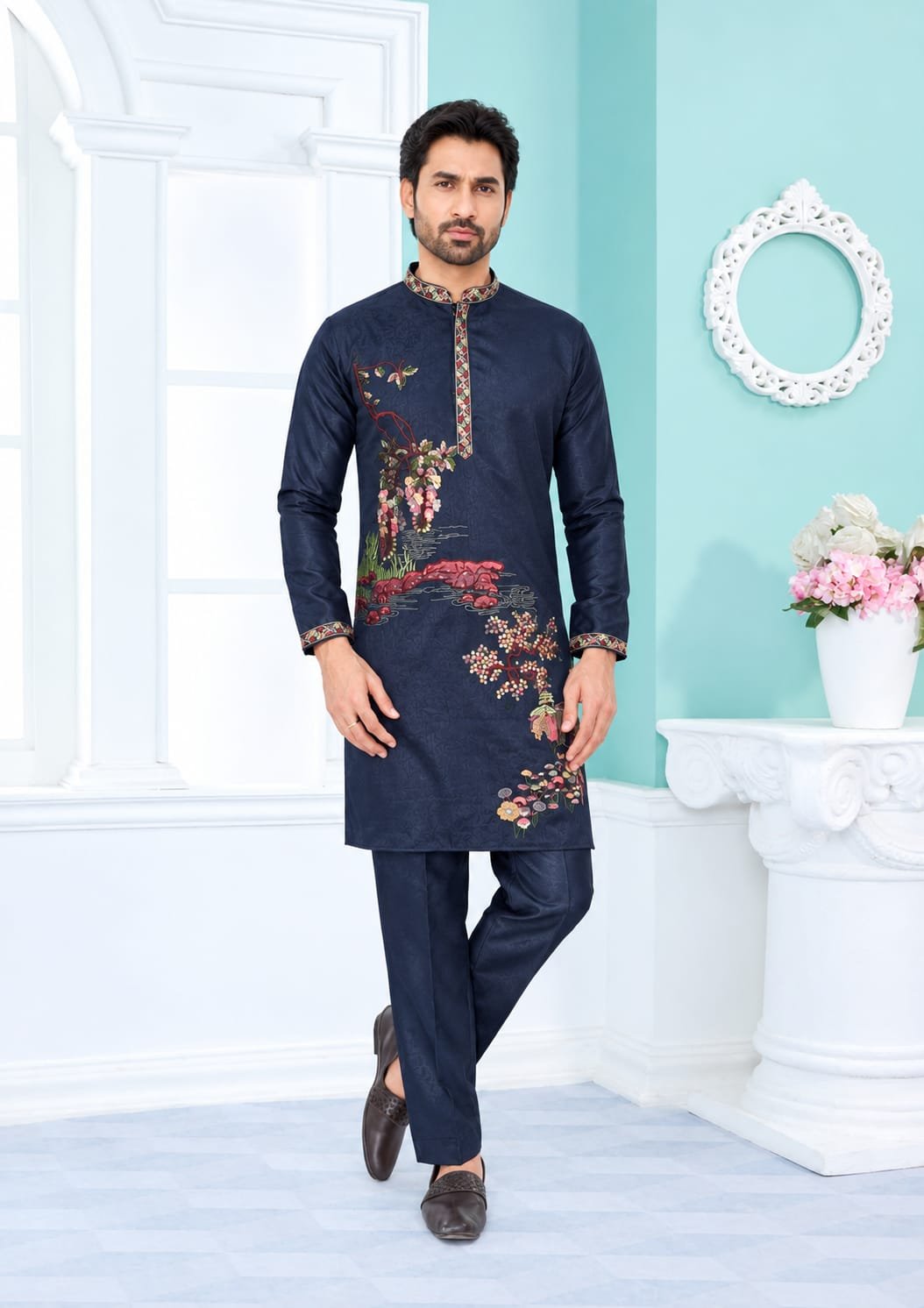 Midnight Navy Floral Embroidered Kurta Pajama Set