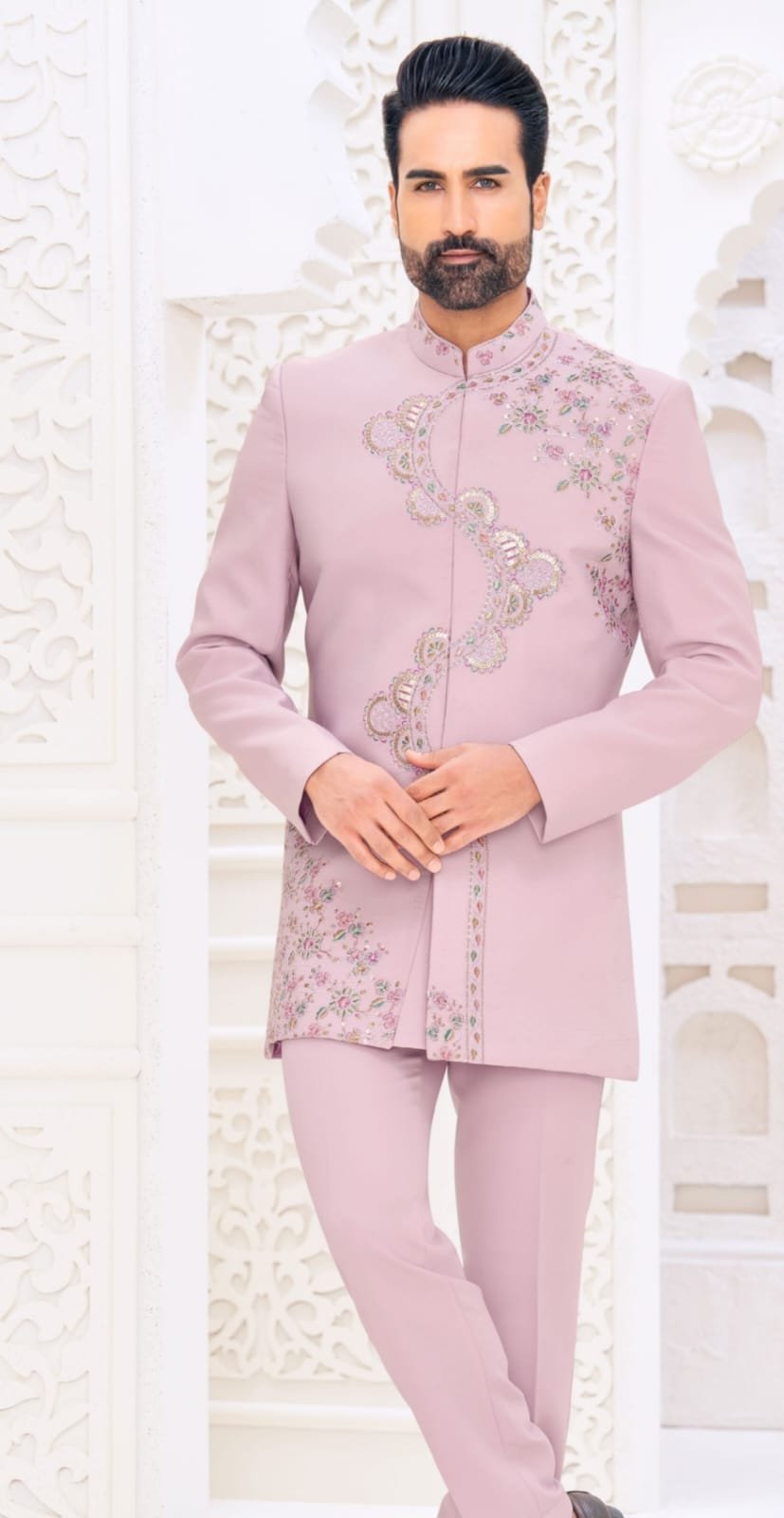 Blush Pink Floral Embroidered Jodhpuri Suit