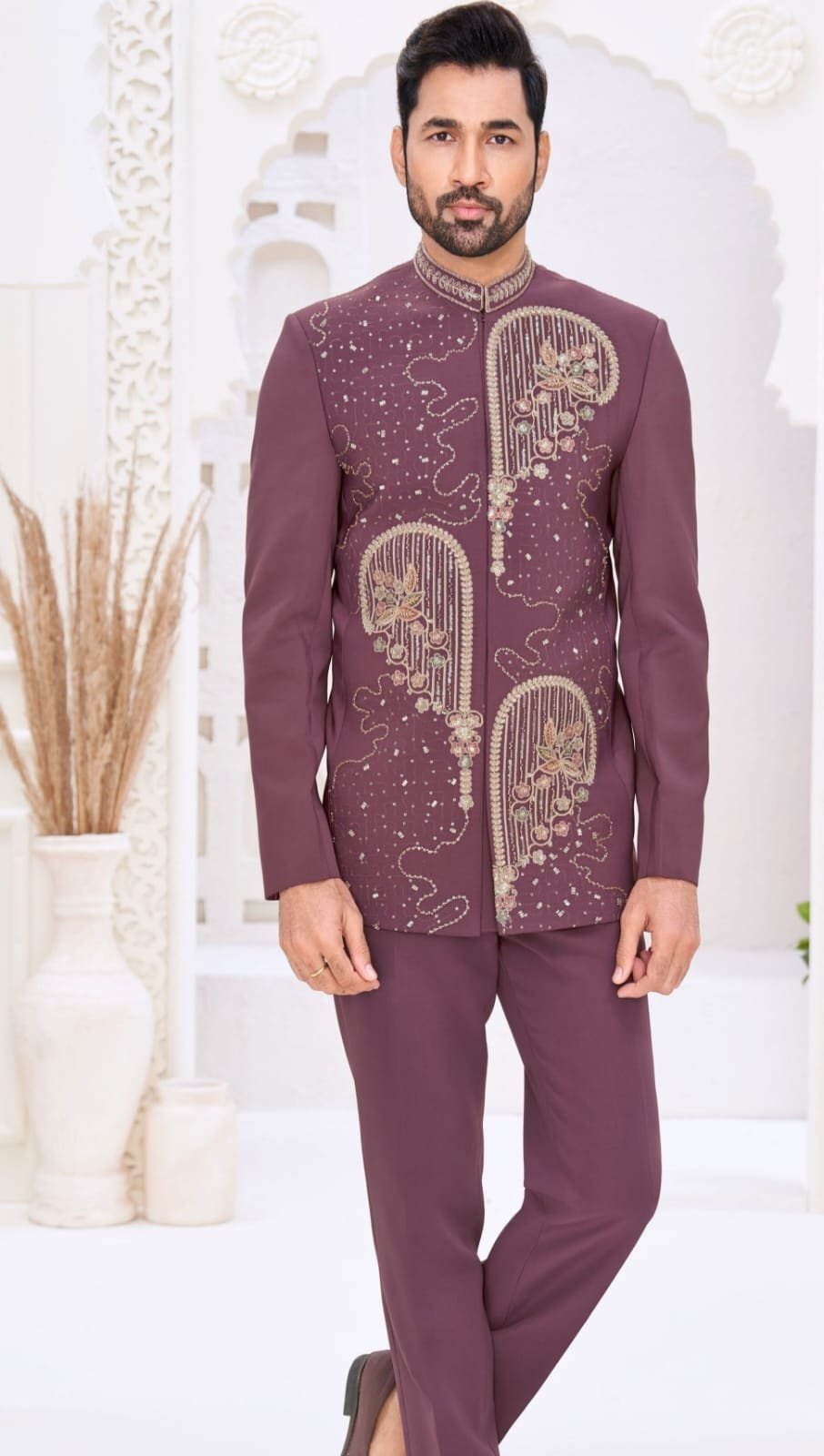 Wine Maroon Embroidered Jodhpuri Suit