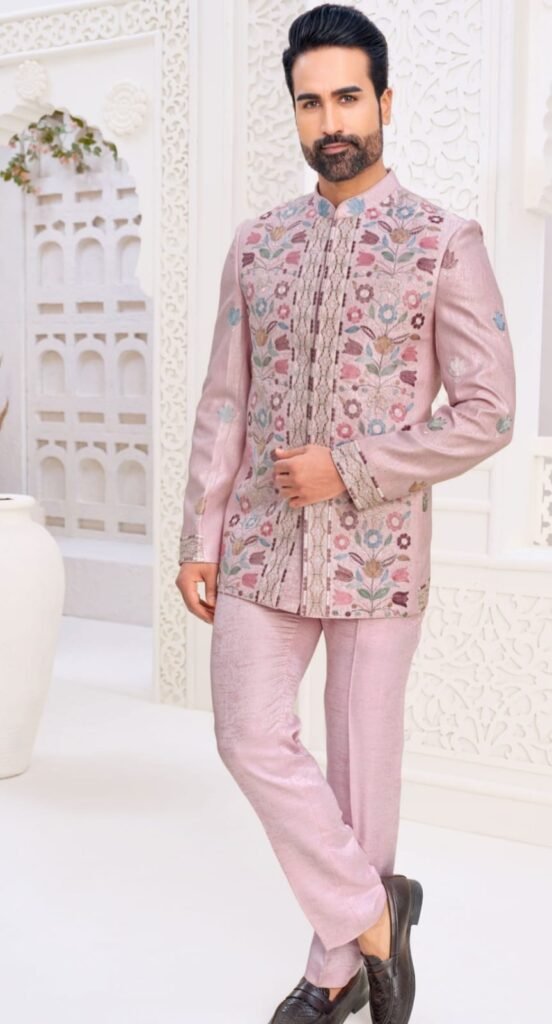 Blush Pink Floral Embroidered Jodhpuri Suit