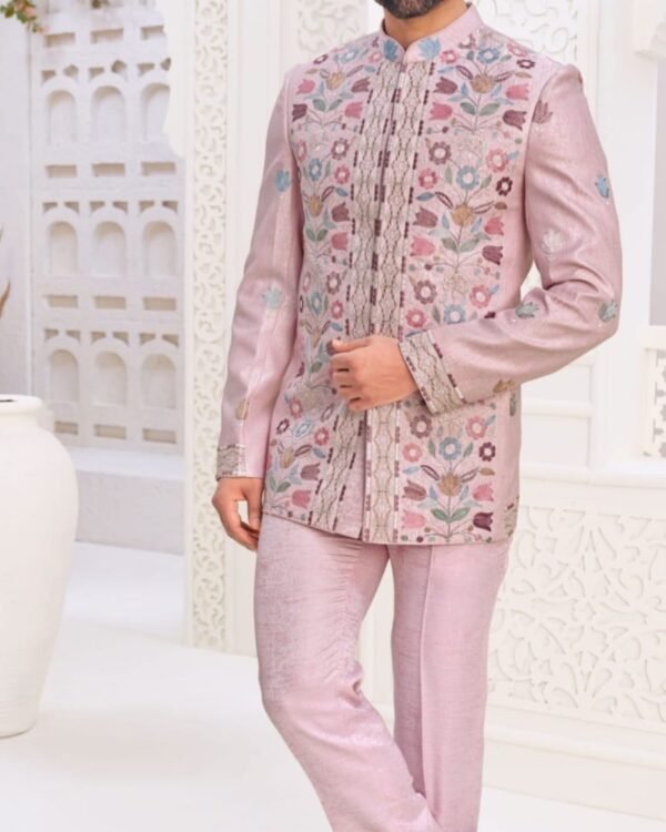 Blush Pink Floral Embroidered Jodhpuri Suit