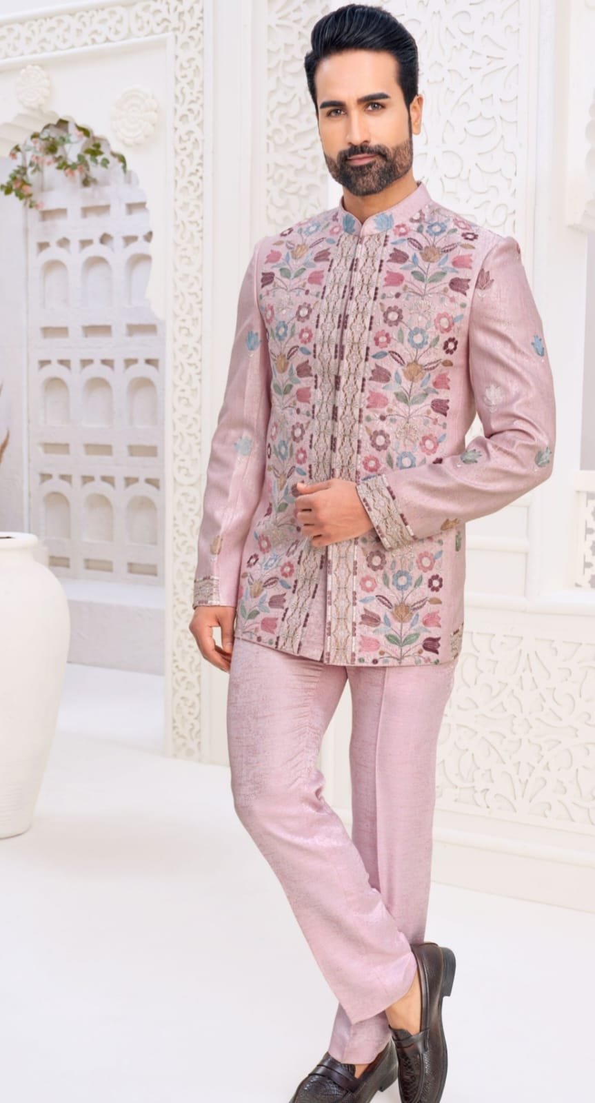 Blush Pink Floral Embroidered Jodhpuri Suit