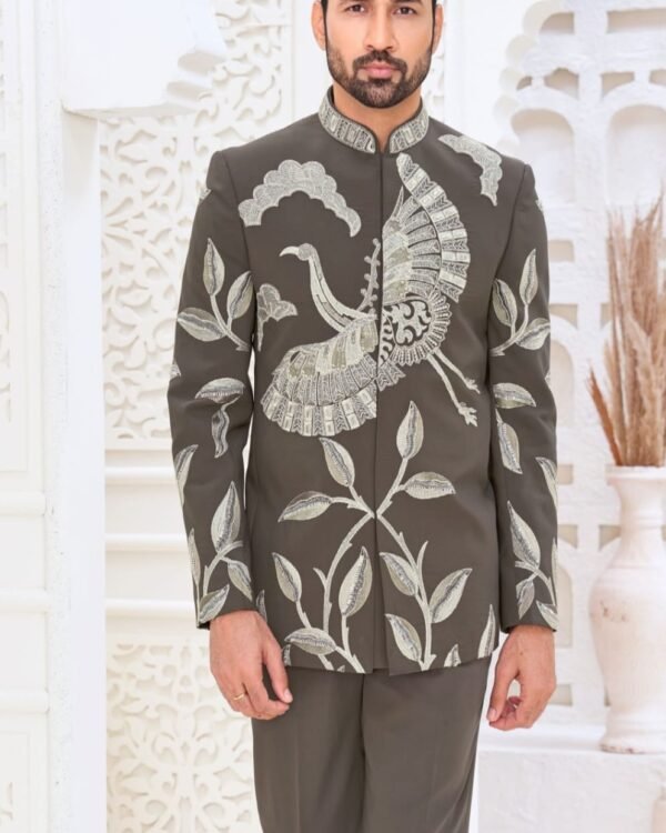 Charcoal Grey Embroidered Jodhpuri Suit