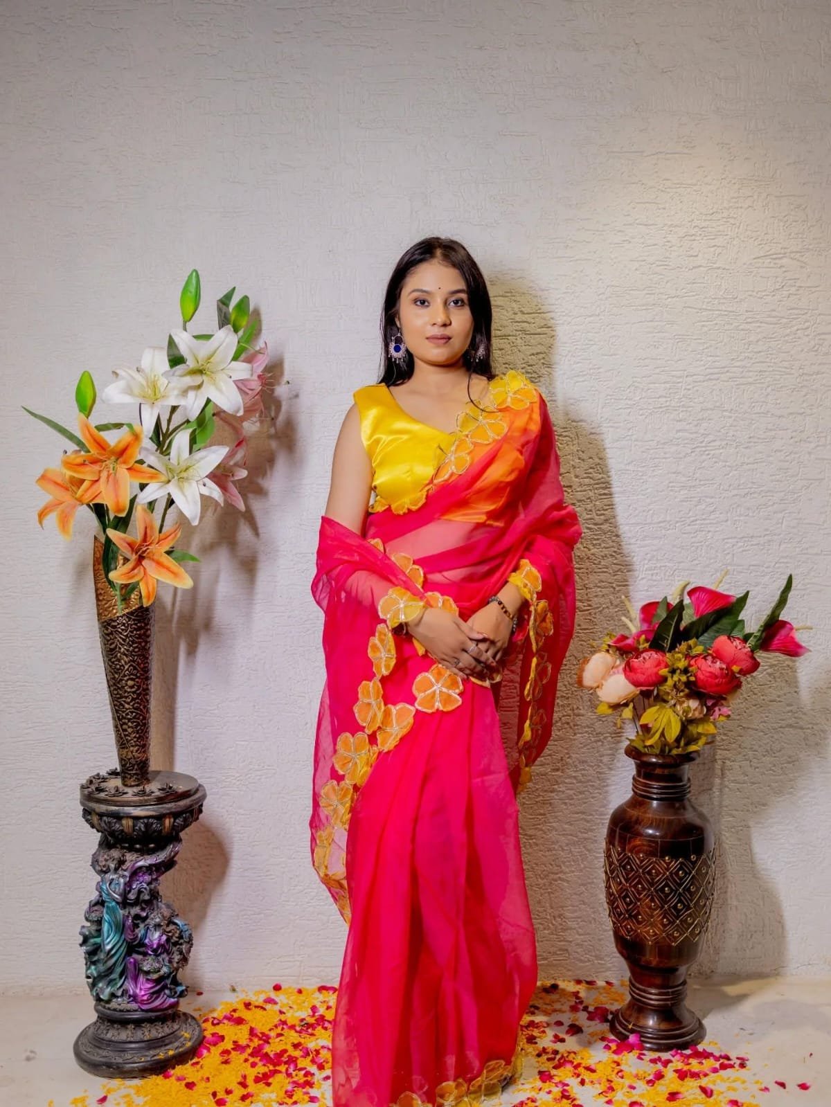 Hot Pink Organza Saree with Orange Gota Flower Border - Image 2