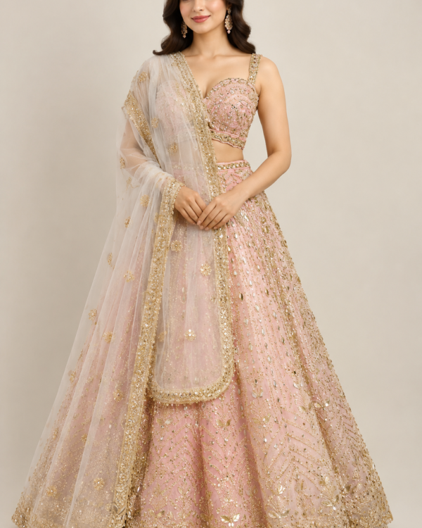 Blush Pink & Gold Royal Embroidered Bridal Lehenga