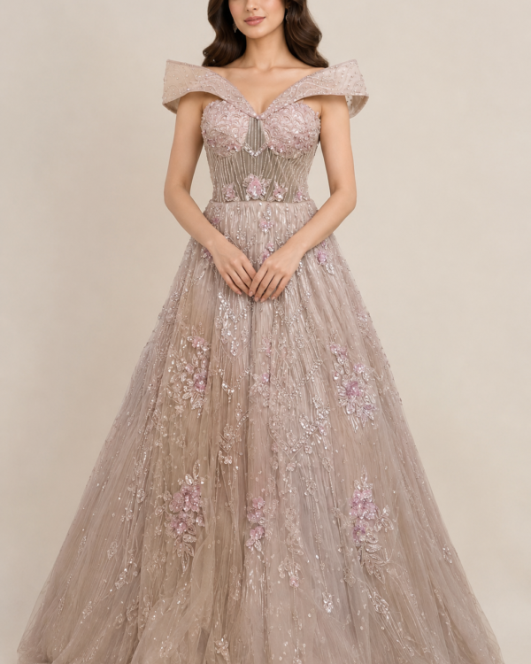 Blush Rose Floral Embroidered Designer Gown