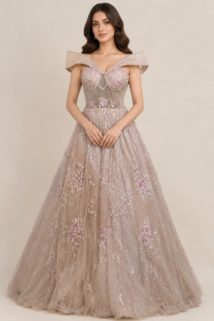 Blush Rose Floral Embroidered Designer Gown