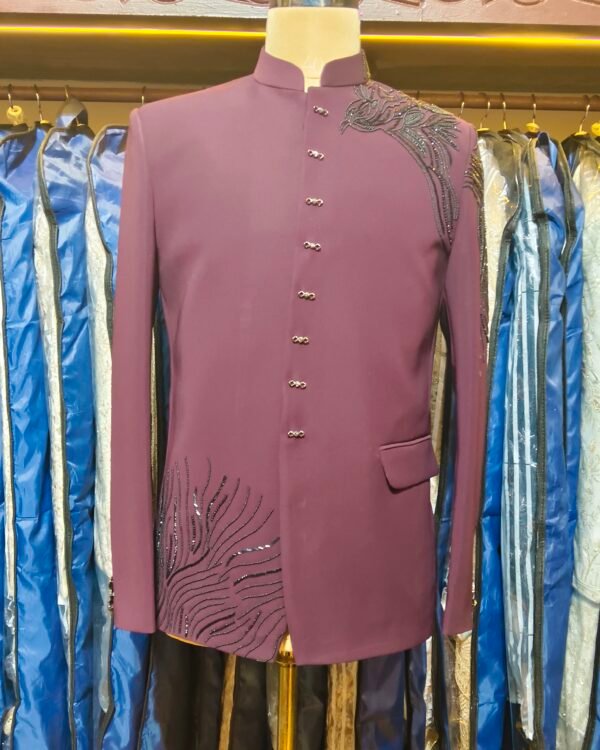 Wine Designer Hand-Embroidered Bandhgala Suit