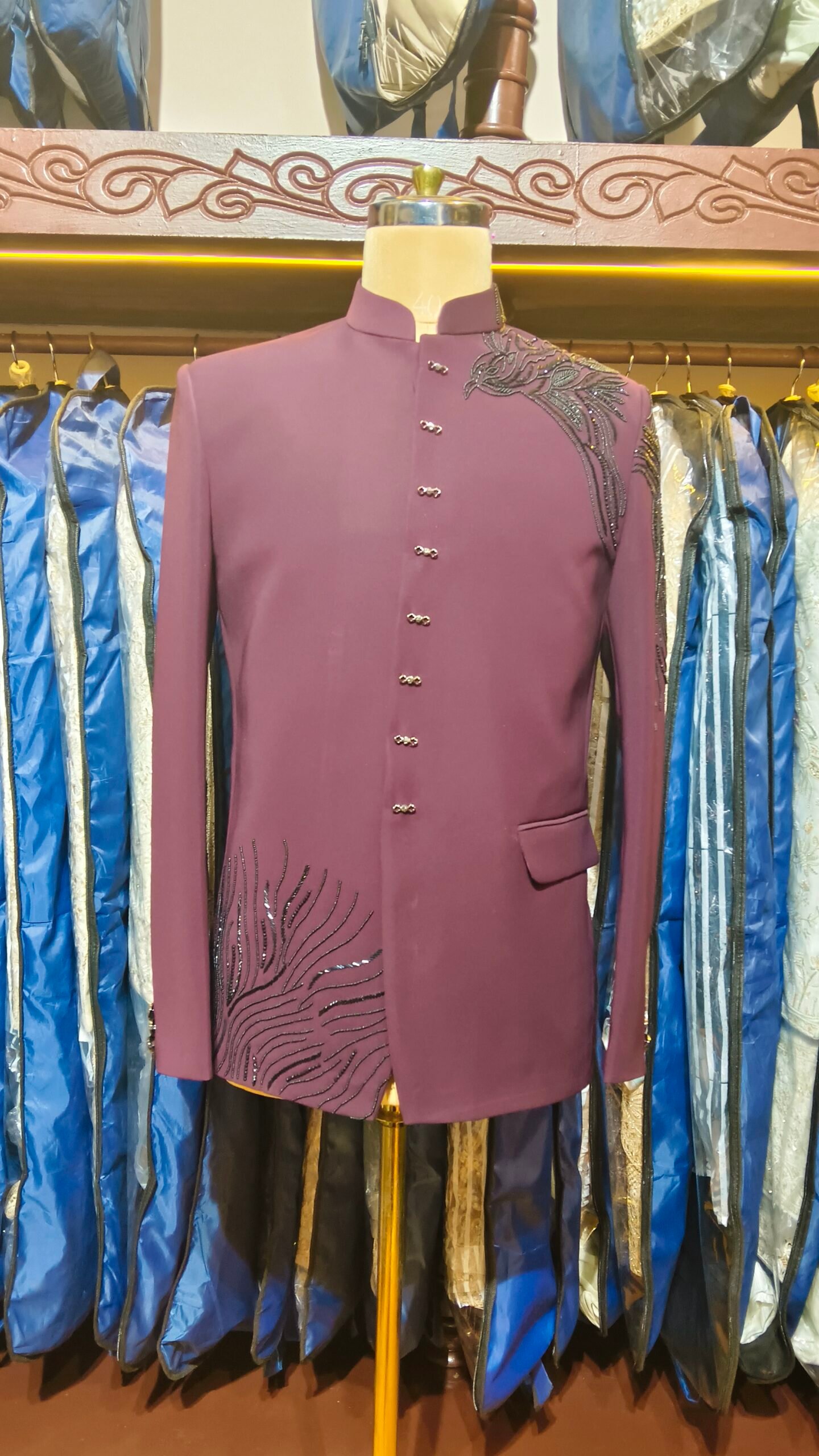 Wine Designer Hand-Embroidered Bandhgala Suit